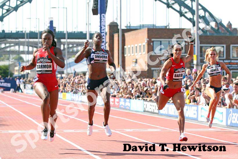 Jenaba Tarmoh (USA) wins from Mikele Barber (USA), Anyika Onuora and Hayley Jones in 100 metres at the 2012 BUPA Great North CityGames.